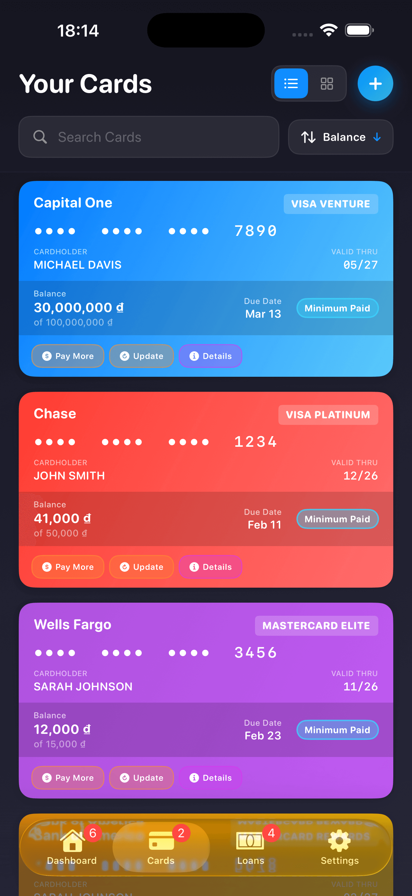 DueDate cards screen