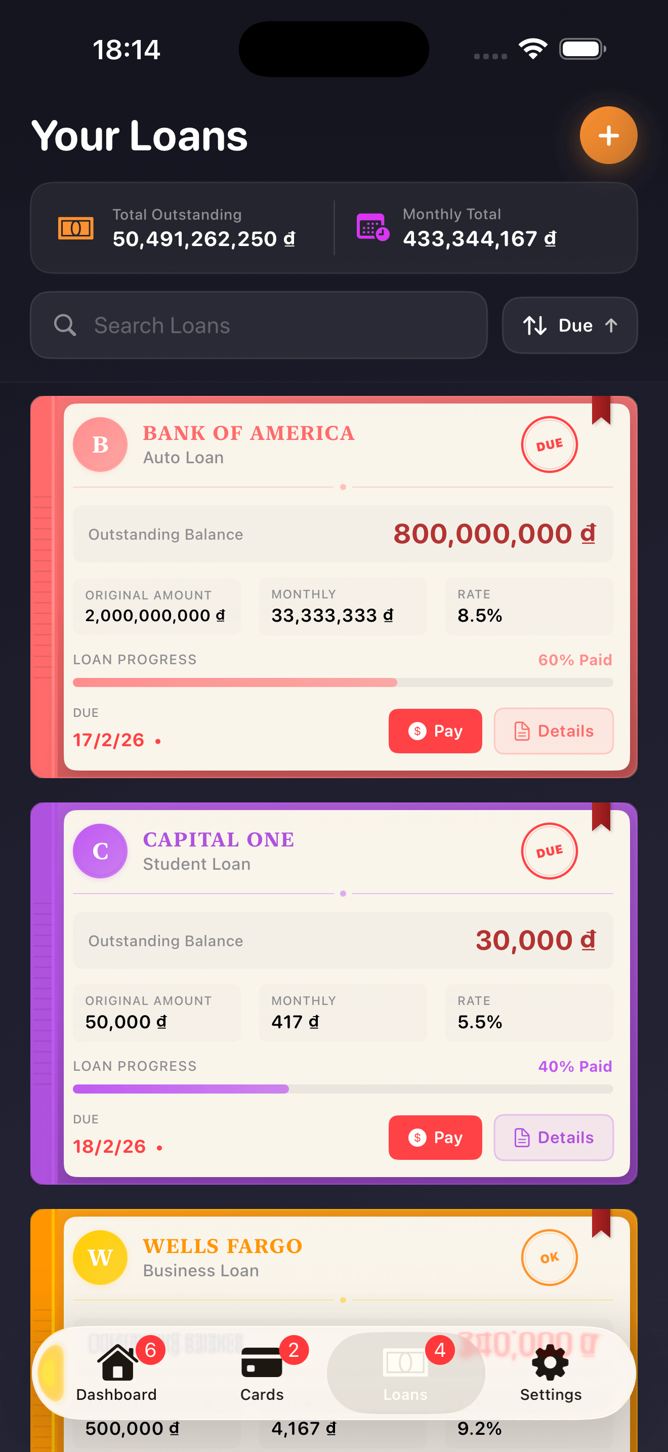DueDate loans screen